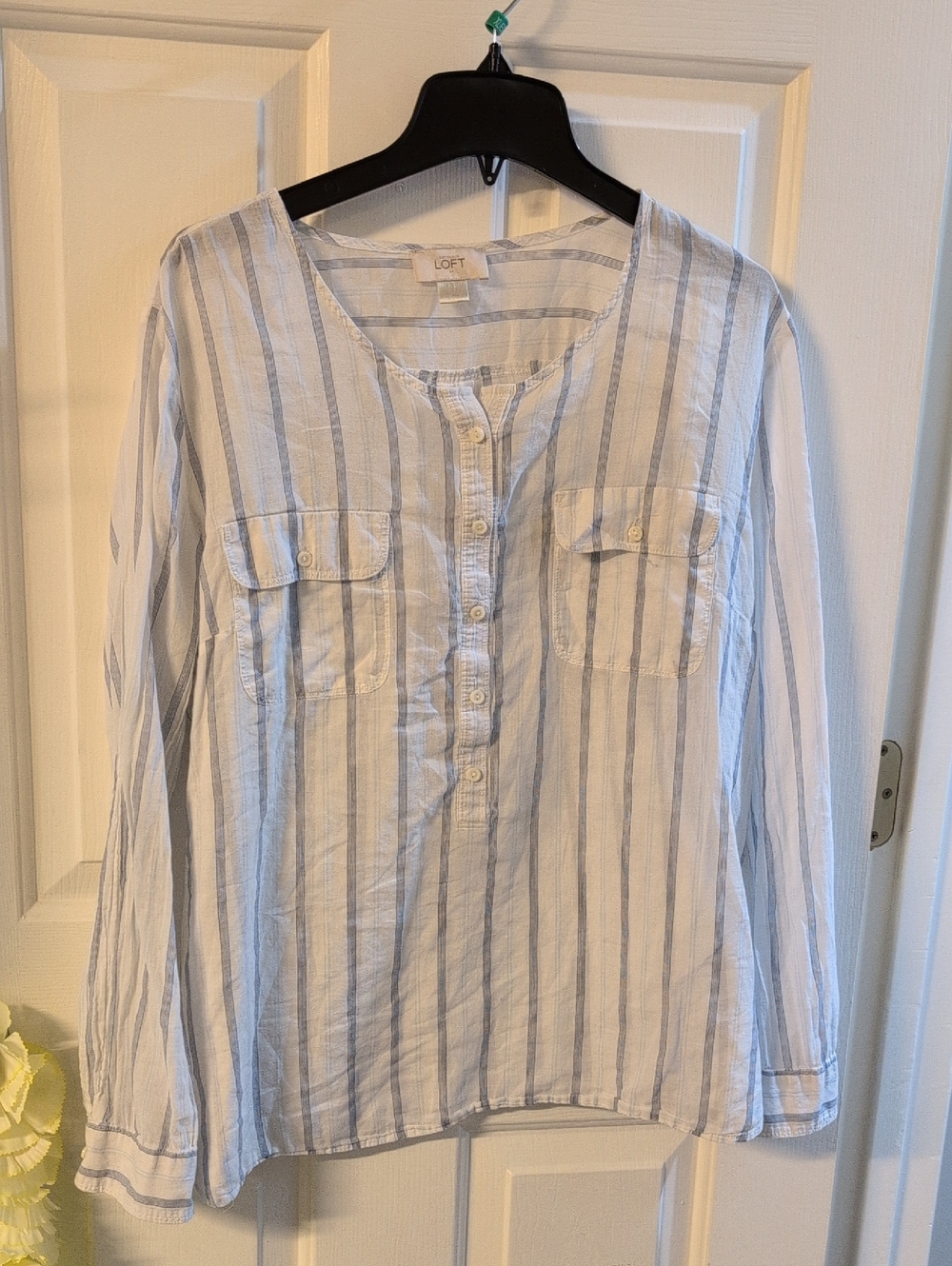 LOFT White and Light Blue Vertical Stripe Henley Blouse